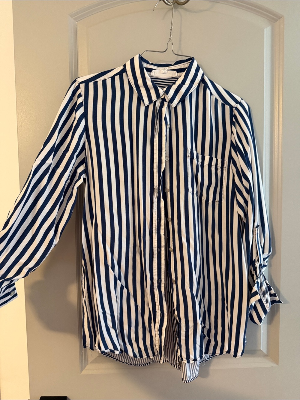 Navy Blue and White Striped Button Up Shirt